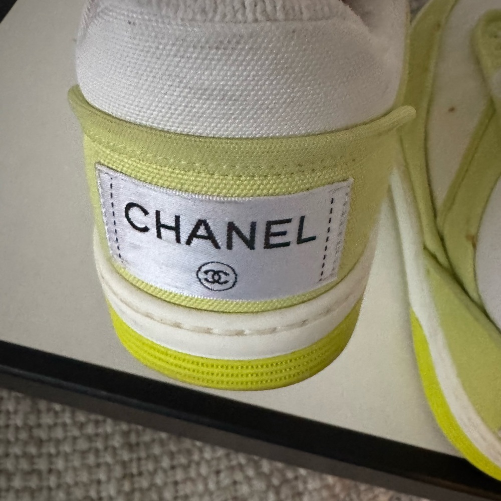 Chanel Fabric Womens Logo Sneakers 37.5 Yellow White - Picture 5 of 12